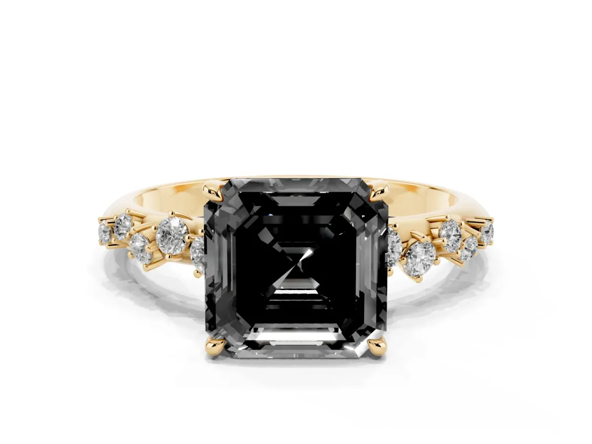 Fancy Black Asscher Cut Diamond Cluster Side Stone Solitaire Ring with Prong Setting Yellow gold