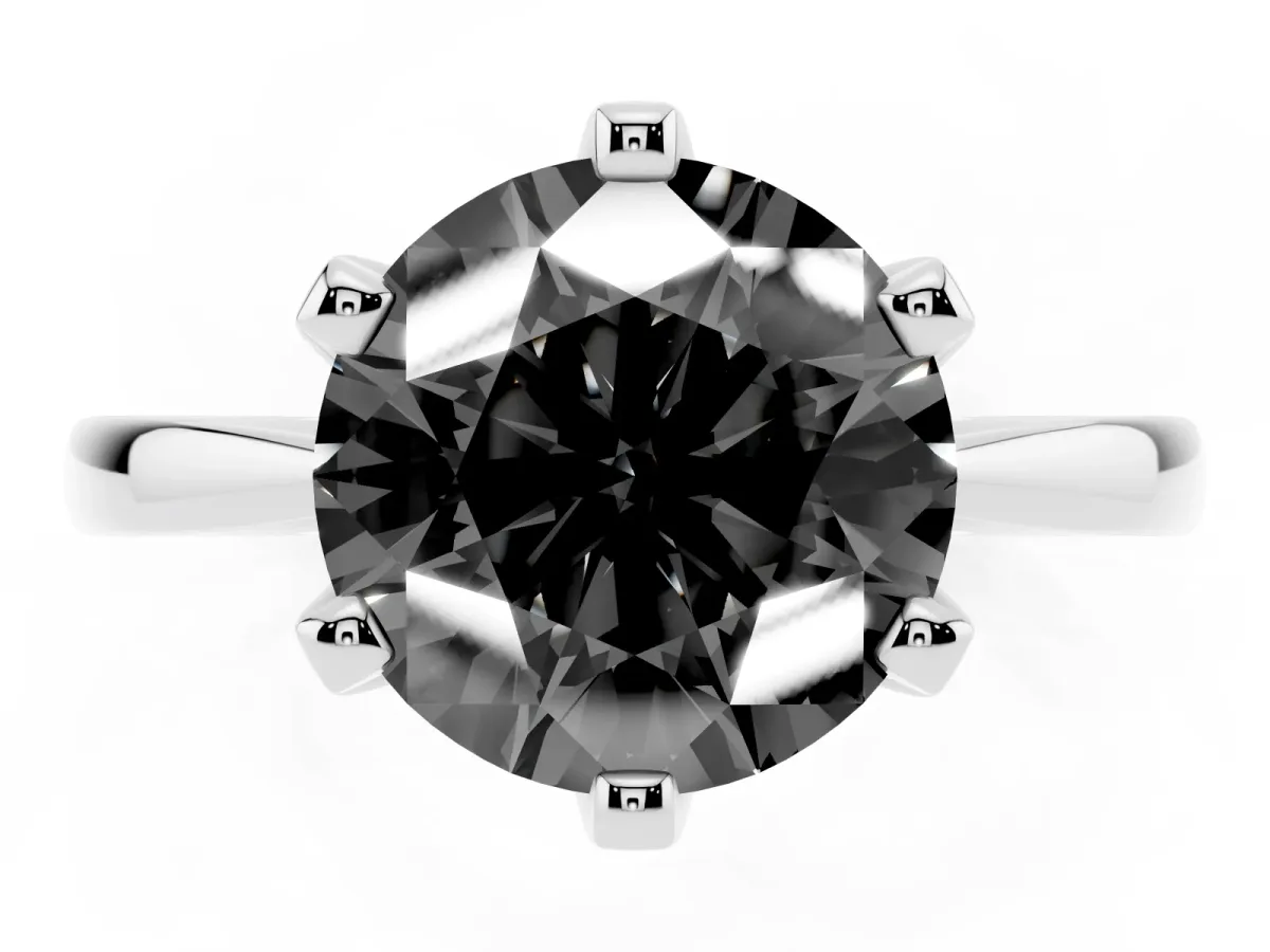 Fancy Black Round Cut Solitaire Engagement Ring with Six-Prong Setting and Tapered Band White gold