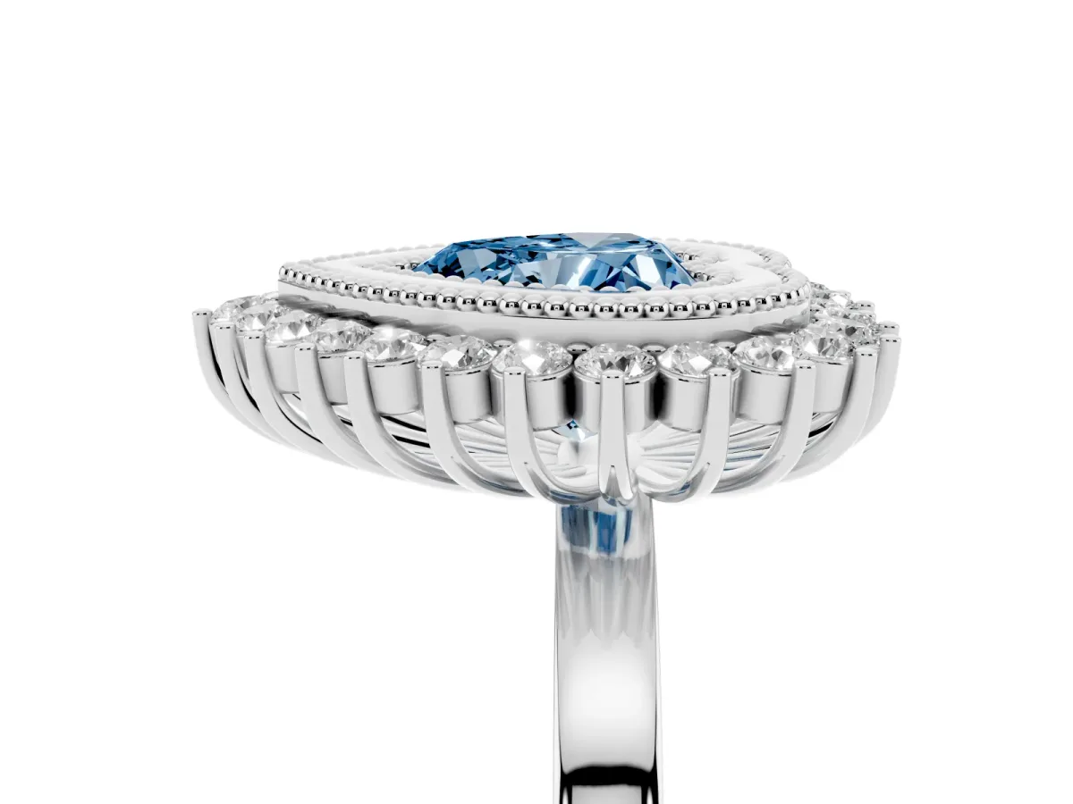Fancy Blue Heart Cut Halo Diamond Ring with Milgrain Edge and Round Prong Setting Silver