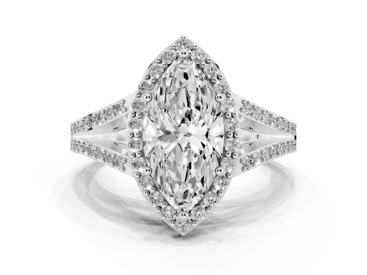 Marquise Cut Halo Split Shank Diamond Ring with Prong Setting Silver