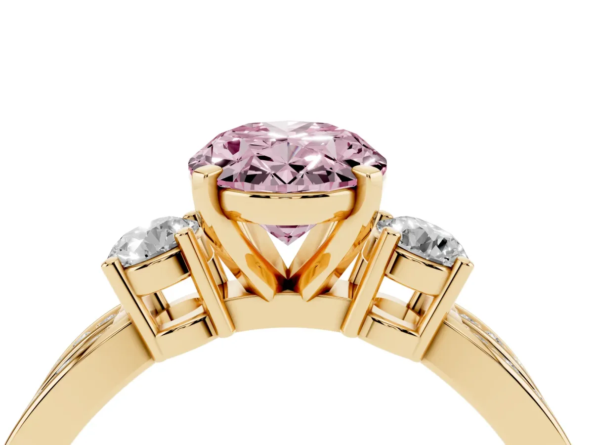 Fancy Pink Three-Stone Oval Cut Cut Diamond Twist Band with Prong Setting Yellow gold