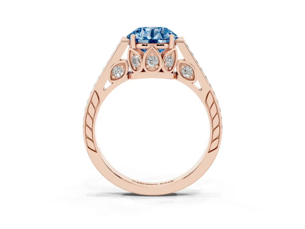 Fancy Blue Round Cut Cut Cathedral Pave Diamond Engagement Ring with Six-Prong Setting Rose gold