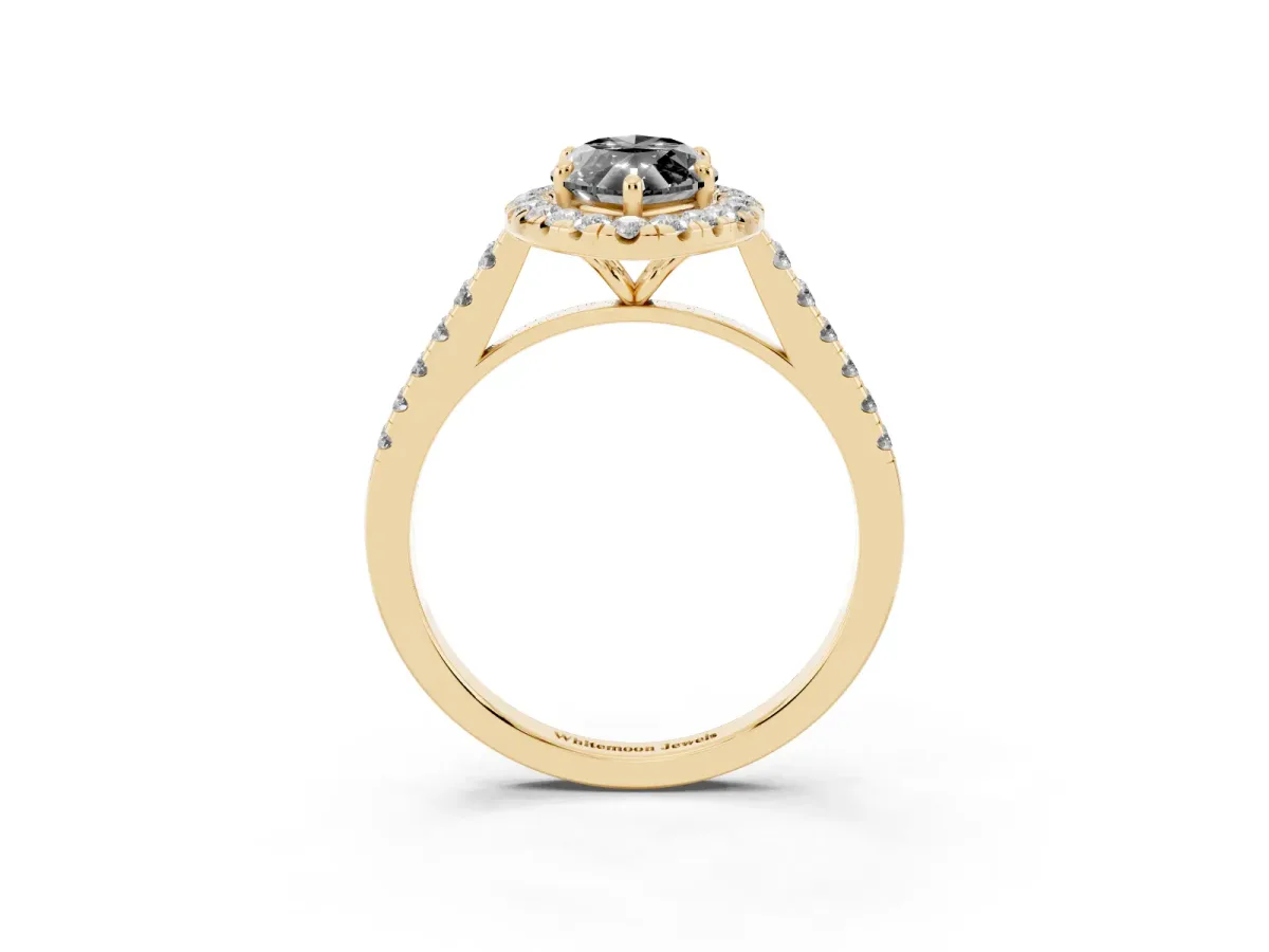 Fancy Black Marquise Cut Halo Pave Diamond Engagement Ring with Four-Prong Setting Yellow gold