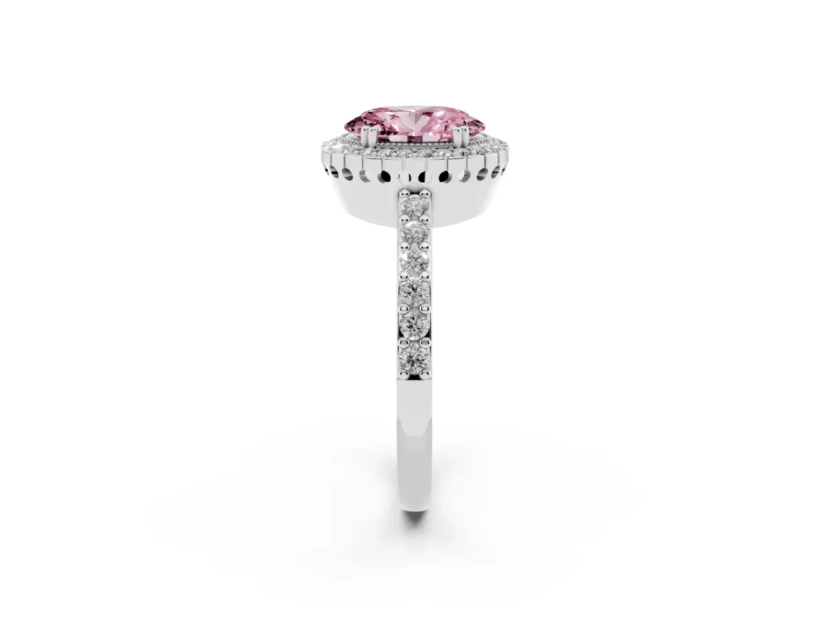 Fancy Pink Oval Cut Cut Diamond Halo Engagement Ring with Milgrain Detail and Pavé Band Silver