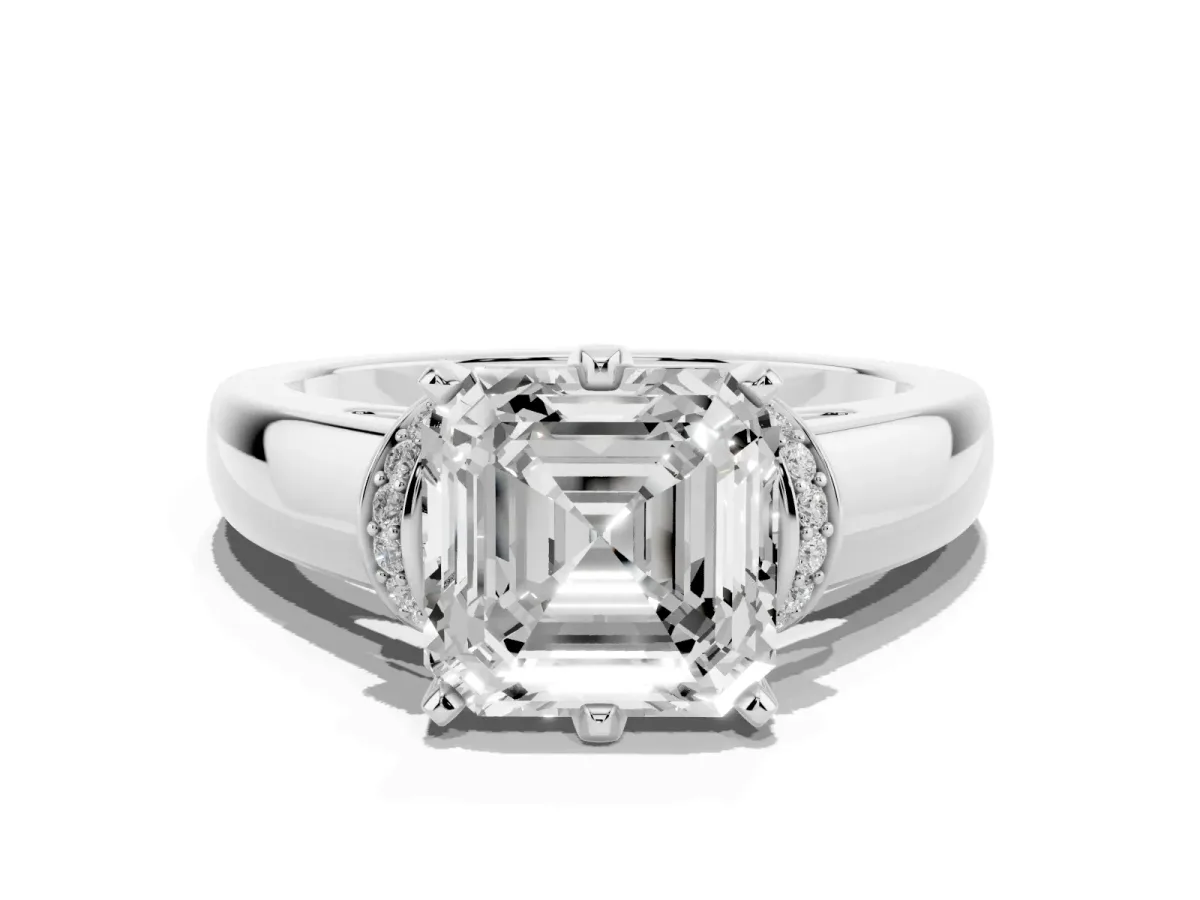 Asscher Cut Solitaire Diamond Ring with Pave Band and Six-Prong Setting Silver
