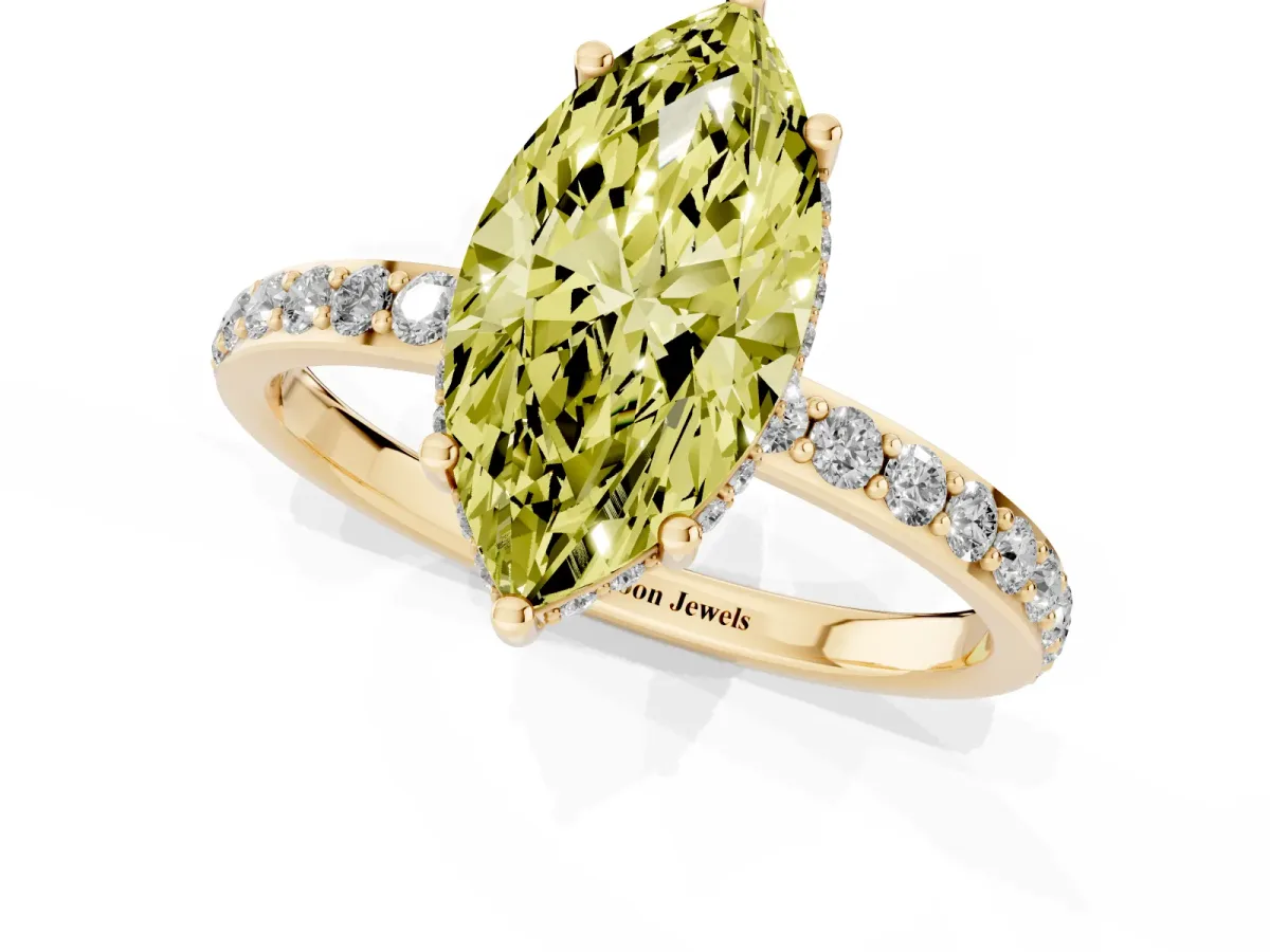 Fancy Yellow Marquise Cut Diamond Solitaire Ring with Pavé Band and Hidden Halo Yellow gold