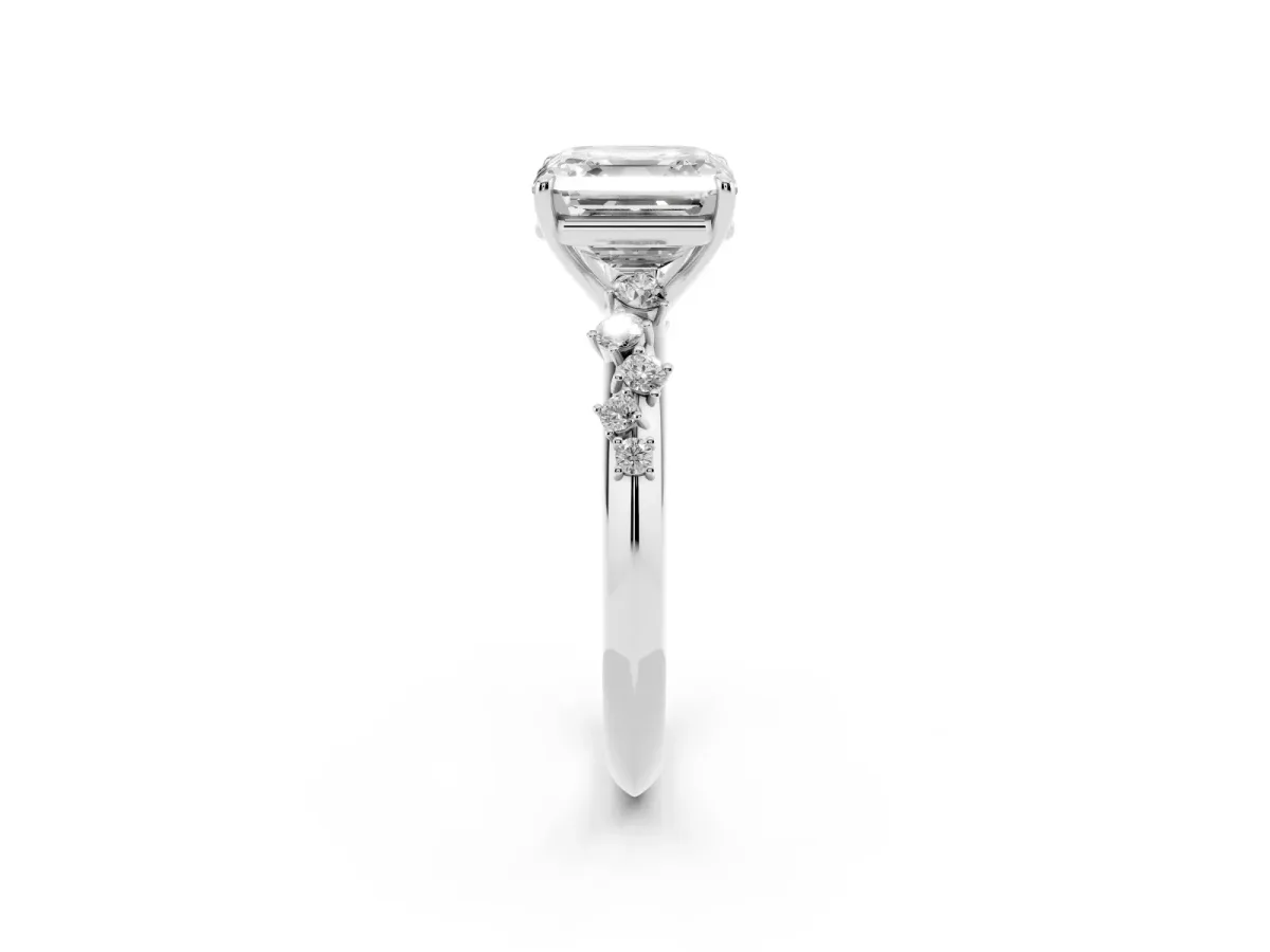 Asscher Cut Diamond Cluster Side Stone Solitaire Ring with Prong Setting Platinum
