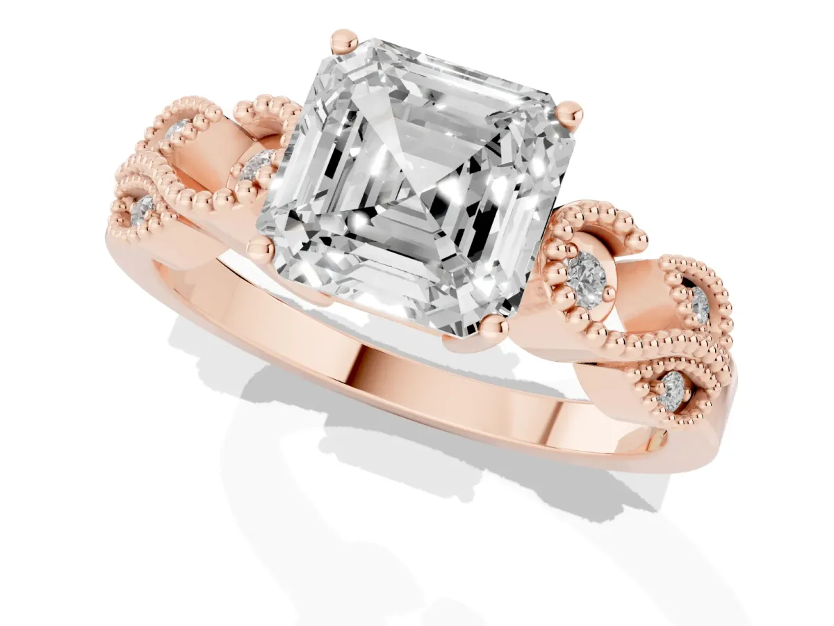 Asscher Cut Solitaire Milgrain Leaf Band with Prong Setting Rose gold