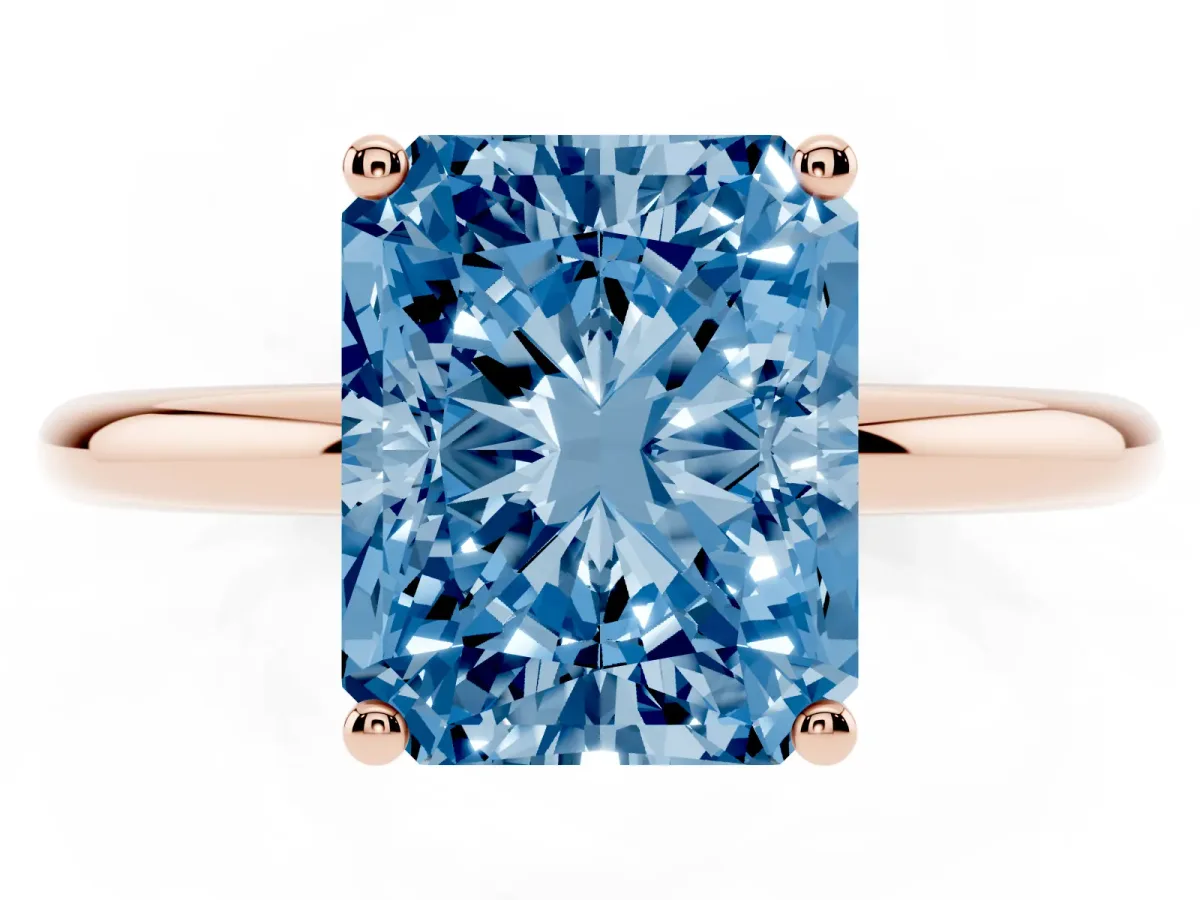 Fancy Blue Radiant Cut Cut Solitaire Engagement Ring with Four-Prong Setting and Classic Band Rose gold
