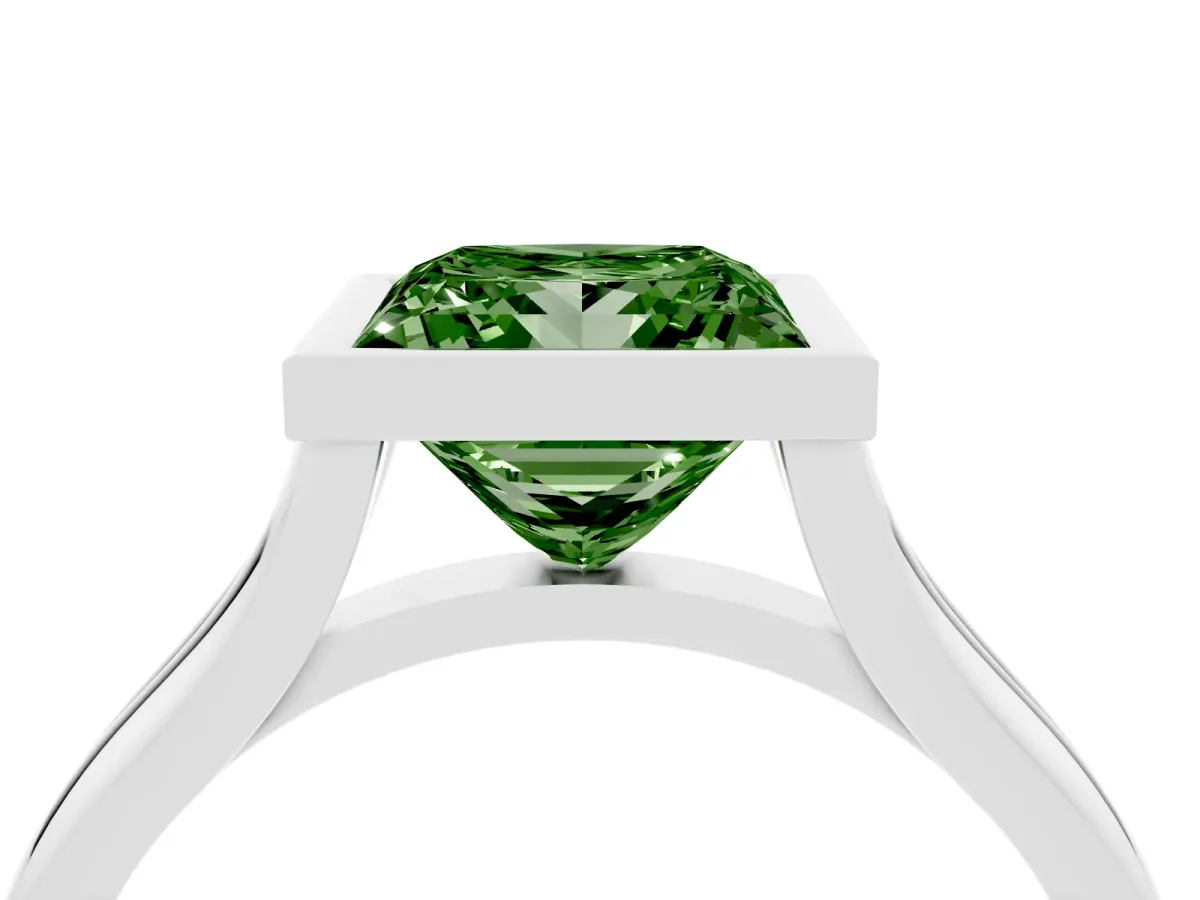 Fancy Green Bezel Set Princess Cut Cut Solitaire Ring with Tapered Band Platinum