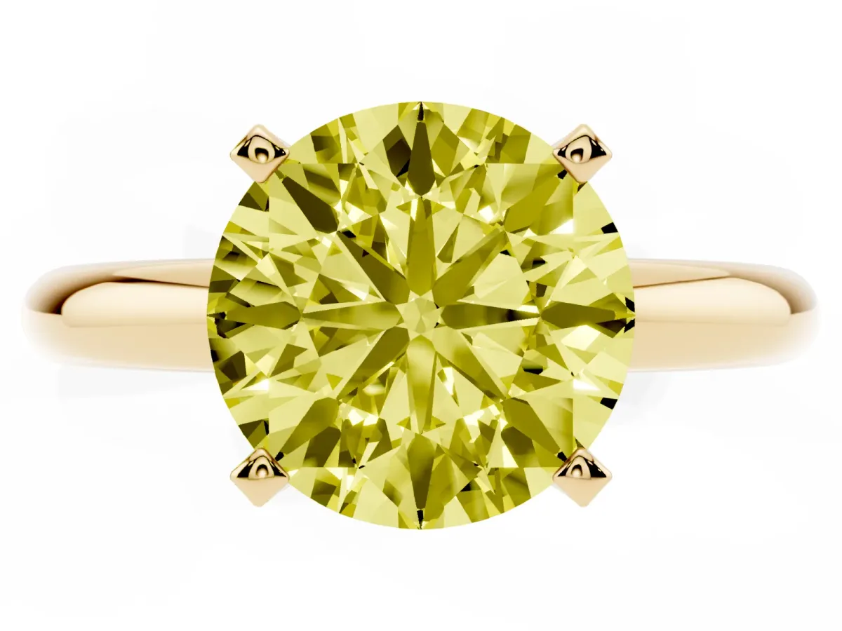 Fancy Yellow Round Cut Diamond Solitaire Engagement Ring with Round Band and Four-Prong Setting Yellow gold