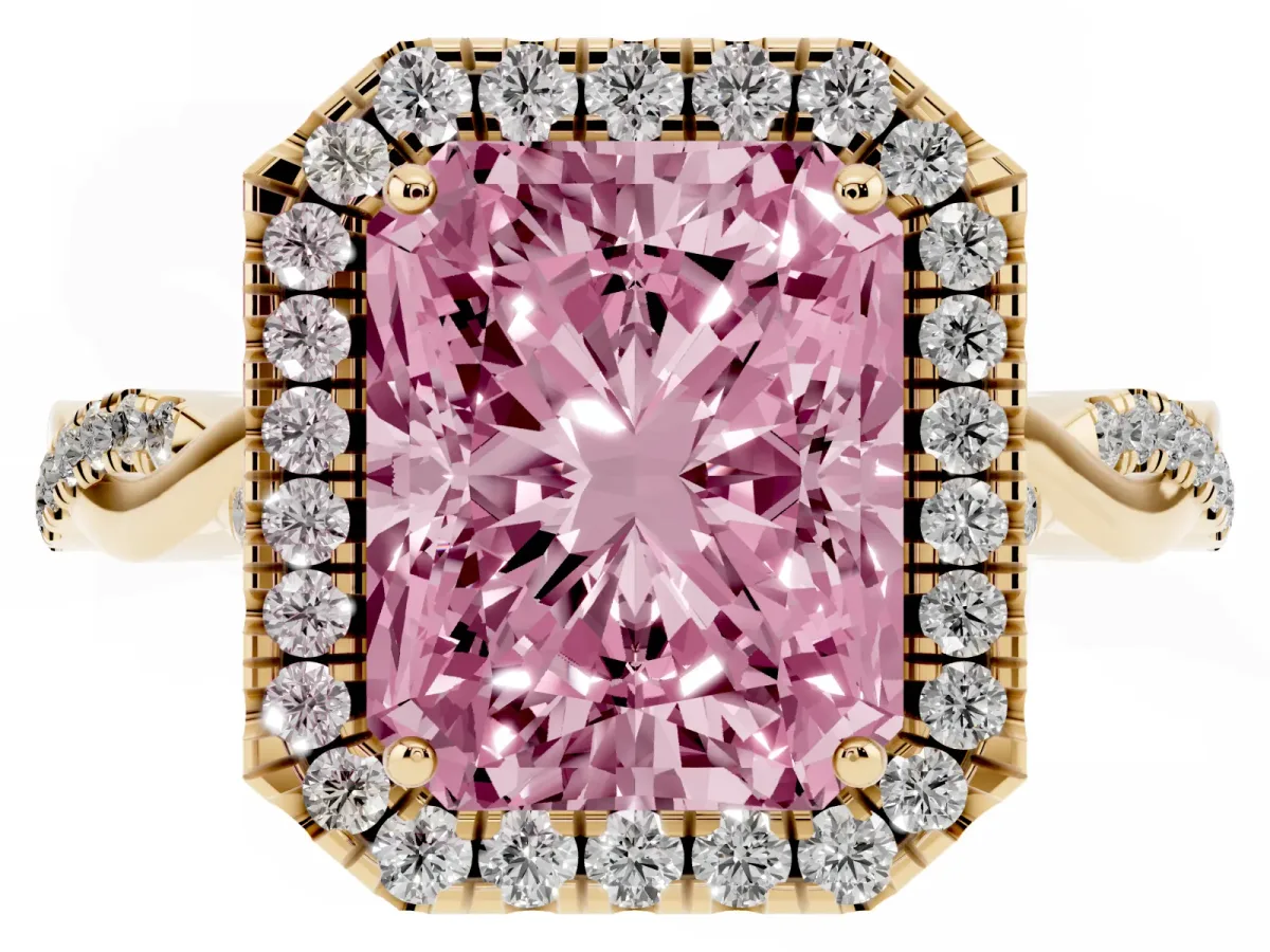 Fancy Pink Radiant Cut Halo Twist Band Solitaire Ring Yellow gold