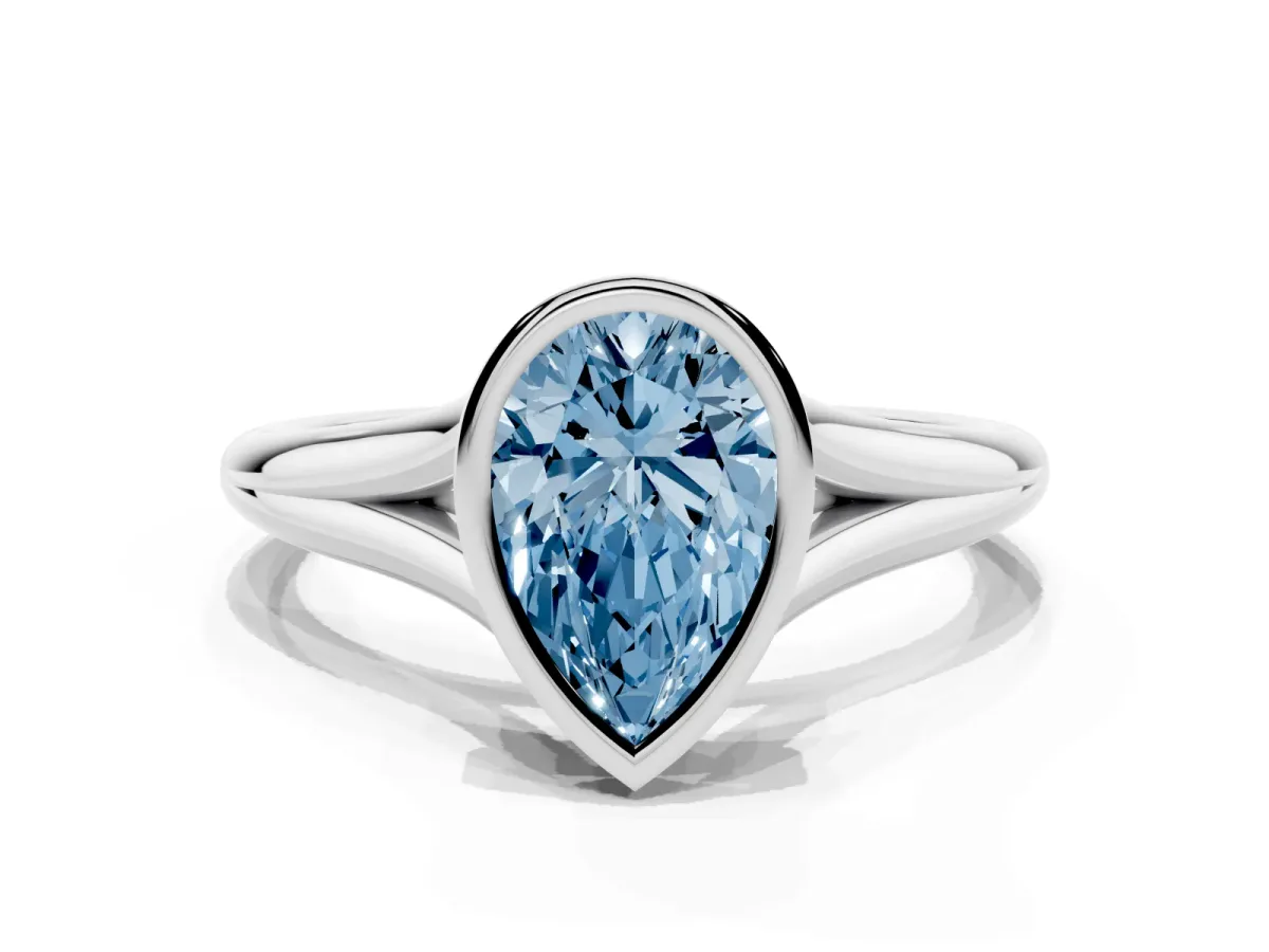 Fancy Blue Bezel Set Pear Cut Cut Solitaire Ring with Tapered Band Platinum