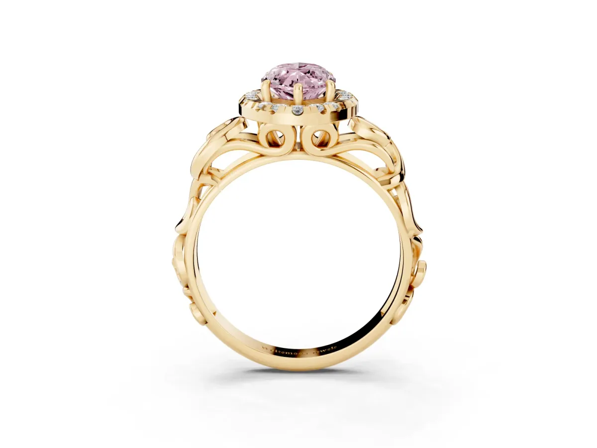 Fancy Pink Marquise Cut Cut Halo Diamond Ring with Scrollwork Band and Four-Prong Setting Yellow gold