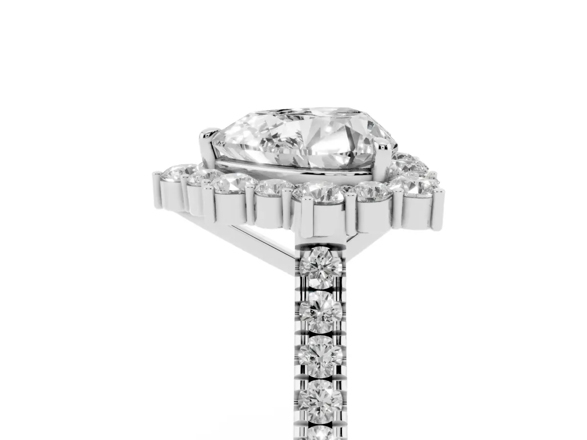 Heart Cut Halo Diamond Ring with Pavé Band and Prong Setting Silver