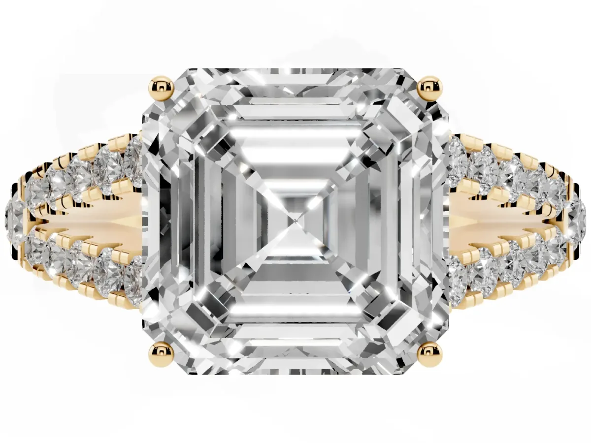 Asscher Cut Diamond Split Shank Pavé Engagement Ring with Four-Prong Setting Yellow gold