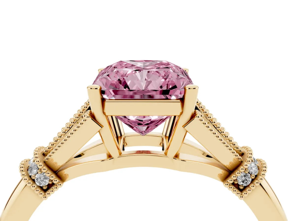 Fancy Pink Radiant Cut Diamond Solitaire Ring with Floral Filigree and Pave Accents Yellow gold