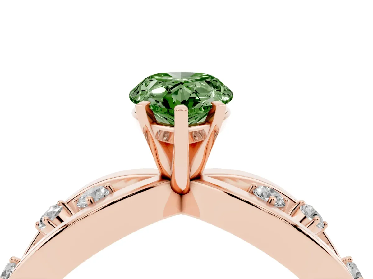 Fancy Green Pear Cut Cut Solitaire Diamond with Side Stones on Criss-Cross Band and Four-Prong Setting Rose gold