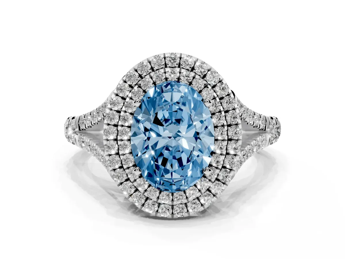 Fancy Blue Oval Cut Diamond Pavé Split Shank Double Halo Engagement Ring Silver