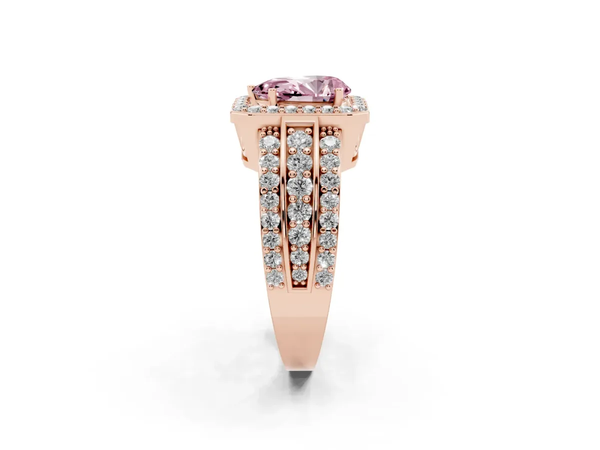 Fancy Pink Pear Cut Halo Diamond Ring with Round Split Shank and Prong Setting Rose gold