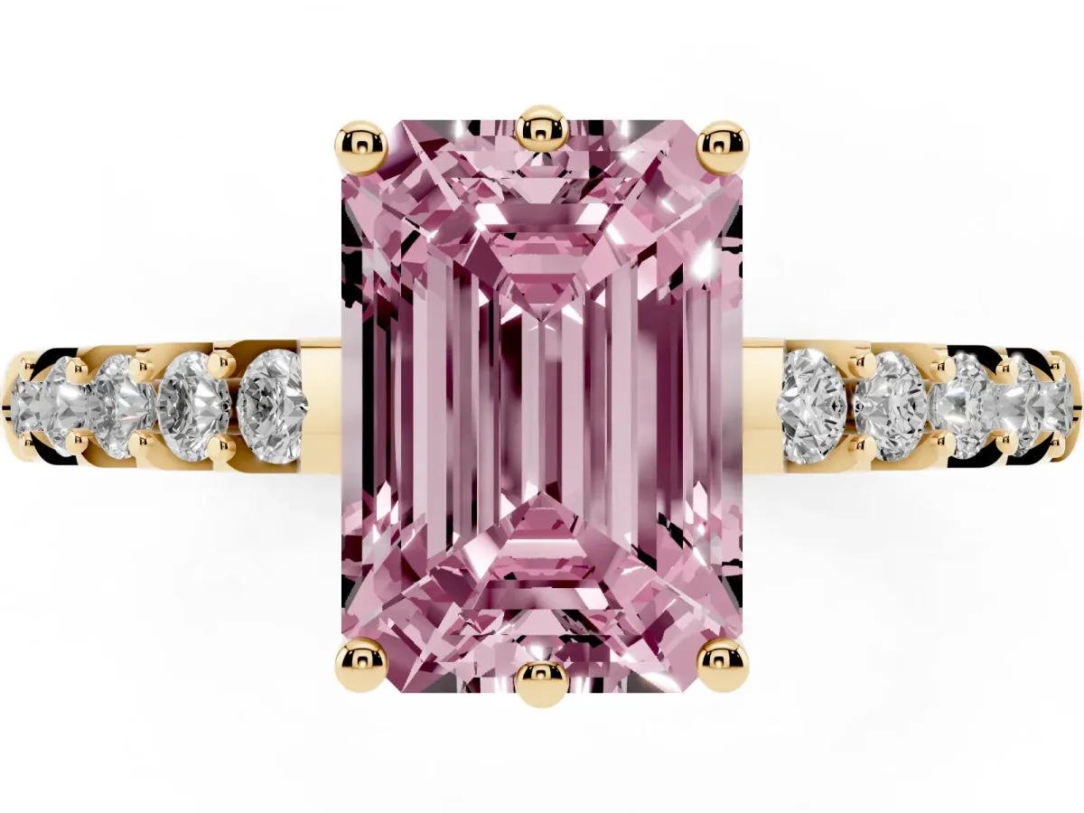 Fancy Pink Emerald Cut Solitaire Diamond Engagement Ring with Pavé Band and Six-Prong Setting Yellow gold