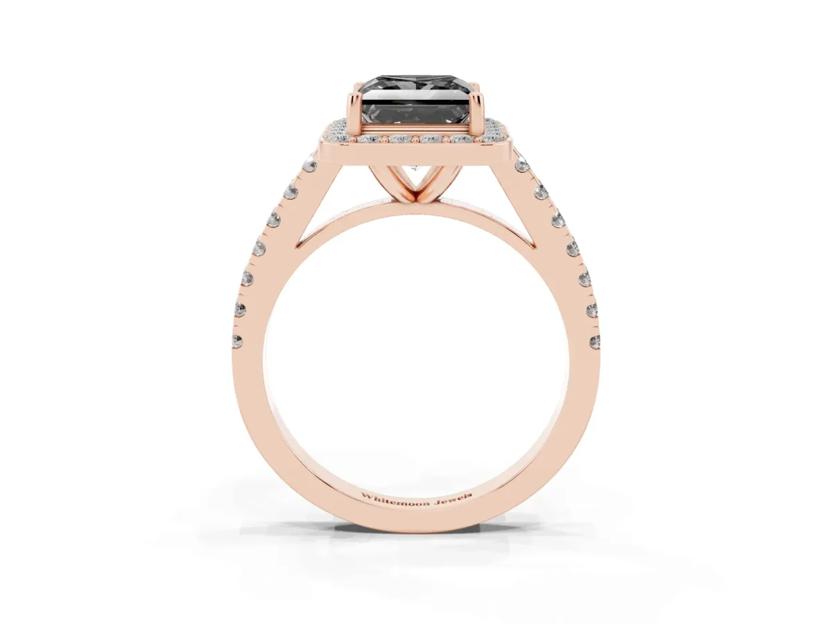 Fancy Black Princess Cut Diamond Halo Ring with Round Pavé Split Shank and Prong Setting Rose gold