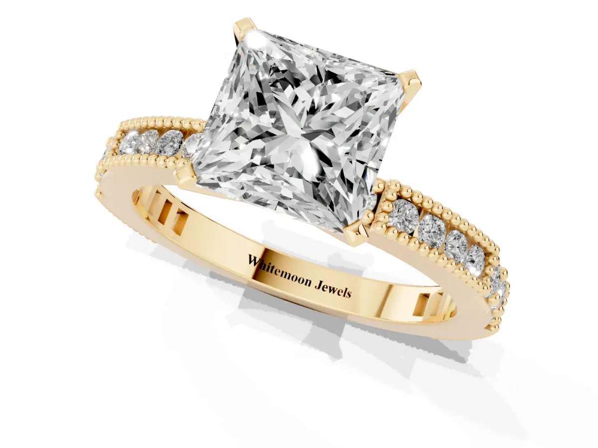 Princess Cut Solitaire with Pavé Band and Four-Prong Setting Yellow gold