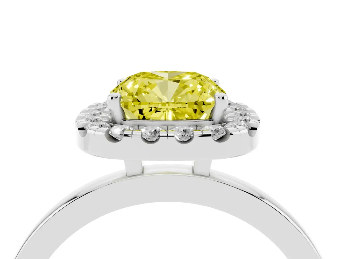 Fancy Yellow Cushion Cut Halo Diamond Solitaire with Pavé Band and Four-Prong Setting White gold