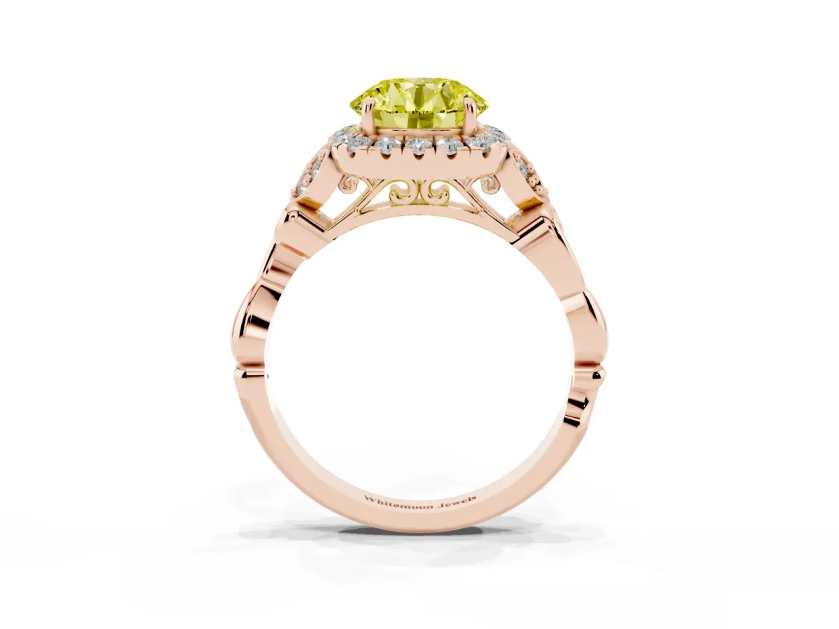 Fancy Yellow Round Cut Halo Diamond Engagement Ring with Vintage-Inspired Band and Four-Prong Setting Rose gold