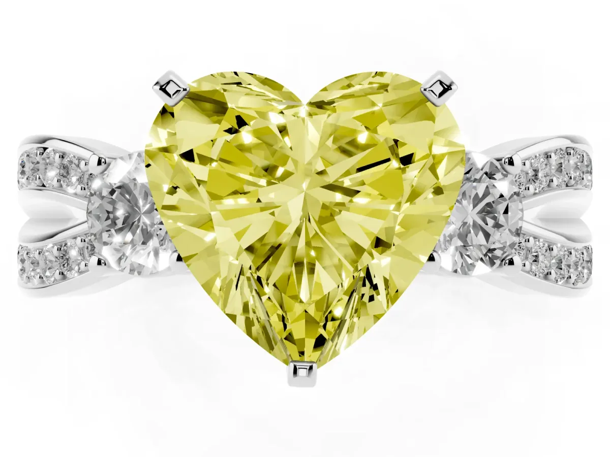 Fancy Yellow Three-Stone Heart Cut Cut Diamond Twist Band with Prong Setting Platinum