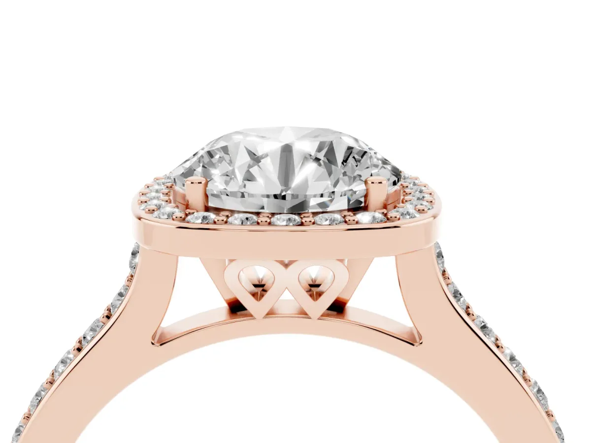 Round Cut Diamond Halo Engagement Ring with Round Pavé Shoulders and Prong Setting Rose gold