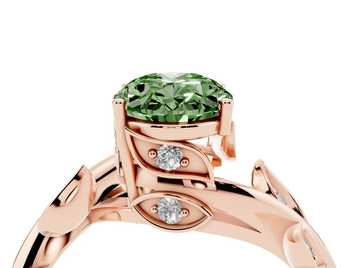 Fancy Green Oval Cut Solitaire Twist Engagement Ring with Leaf Accents and Prong Setting Rose gold