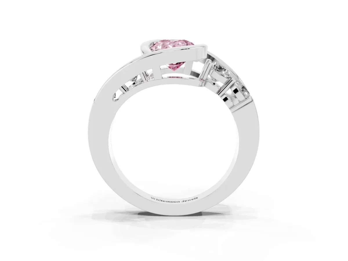 Fancy Pink Bezel Set Oval Cut Diamond Bypass Ring with Round Accents Silver