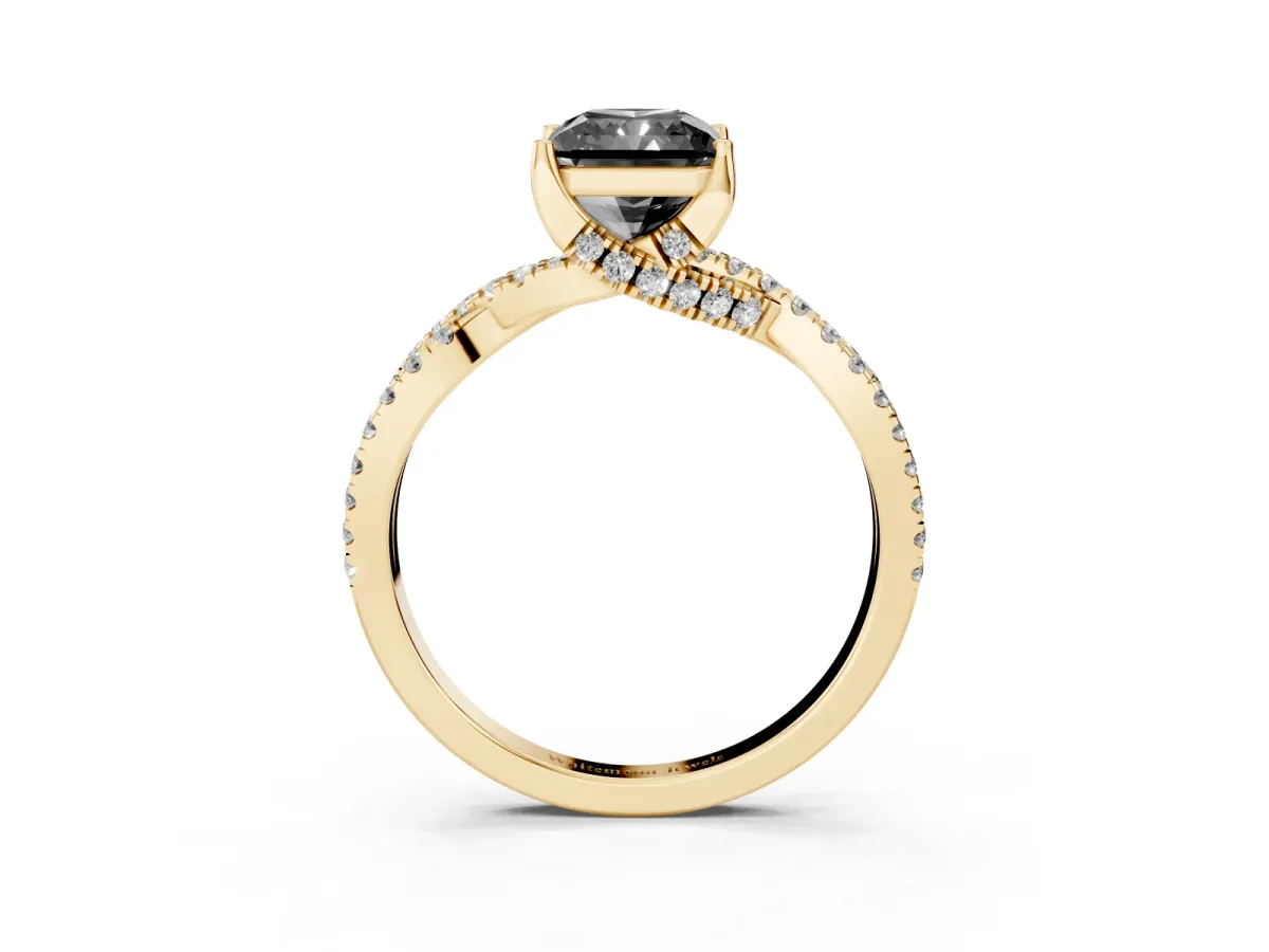 Fancy Black Radiant Cut Solitaire Twist Pave Diamond Engagement Ring with Prong Setting Yellow gold