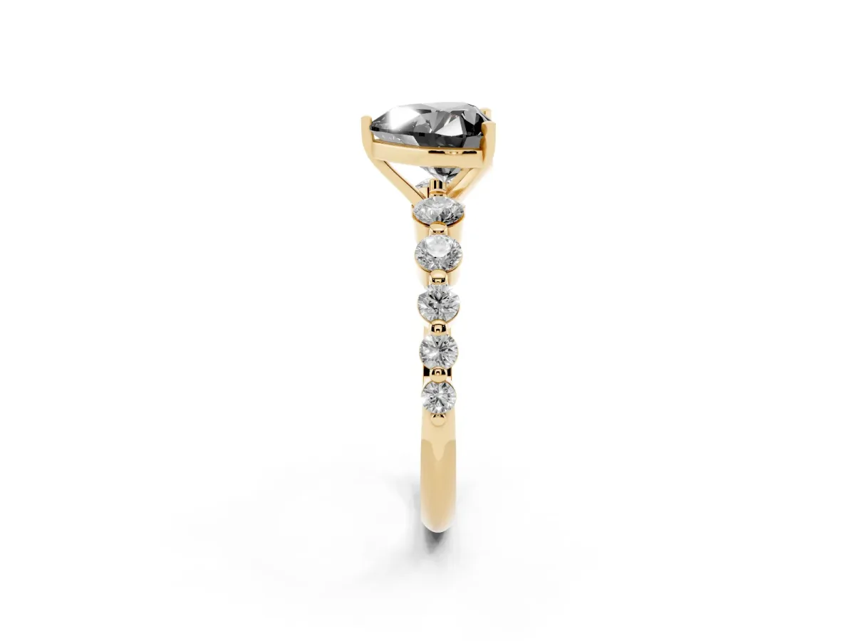 Fancy Black Heart Cut Solitaire Diamond Ring with Pave Band and Four-Prong Setting Yellow gold