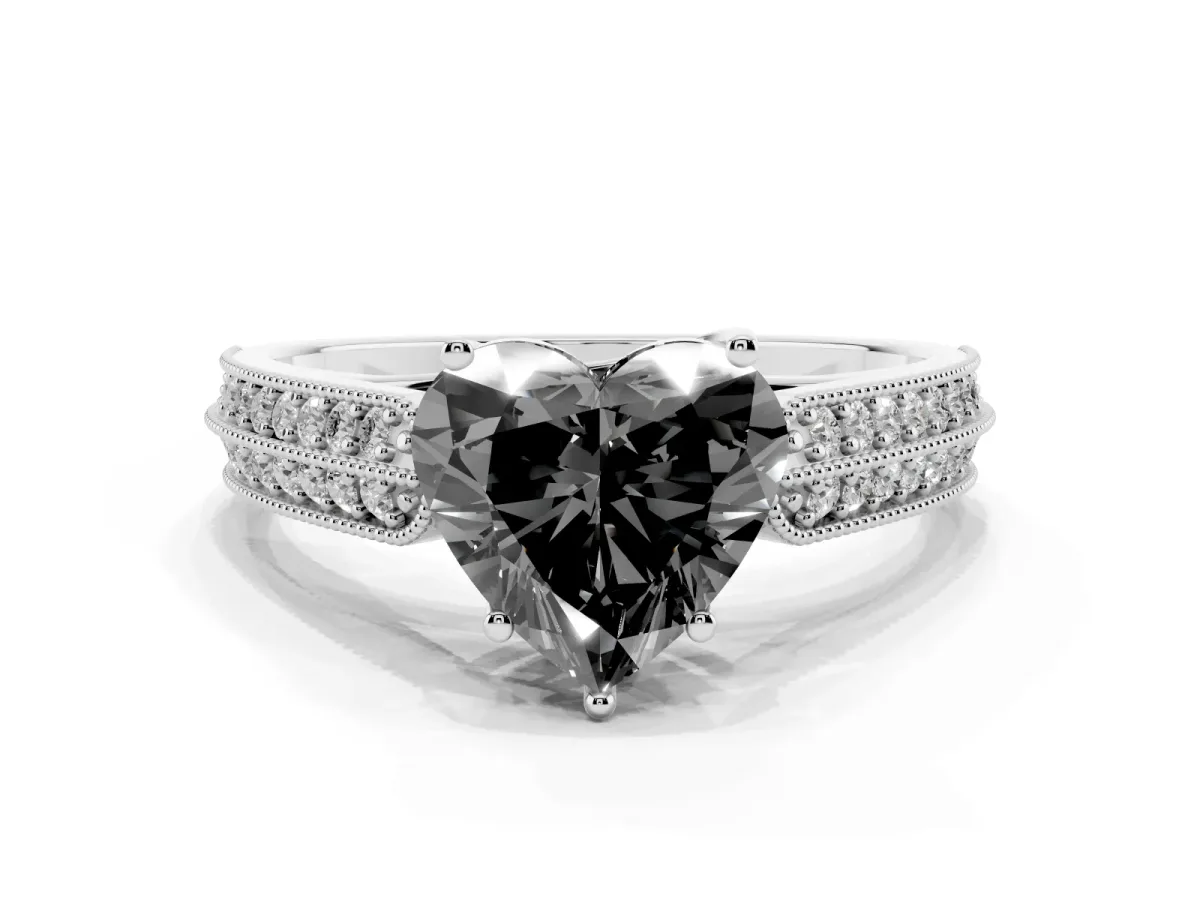 Fancy Black Heart Cut Cut Pave Split Shank Engagement Ring with Four-Prong Setting White gold