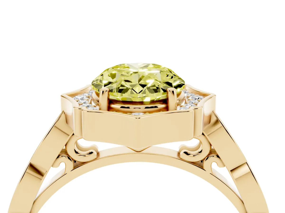 Fancy Yellow Oval Cut Halo Diamond Engagement Ring with Milgrain Band and Four-Prong Setting Yellow gold
