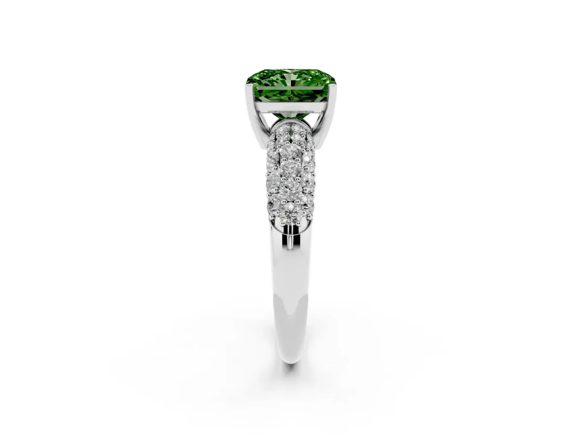 Fancy Green Radiant Cut Diamond Pavé Band Solitaire Ring with Four-Prong Setting Silver