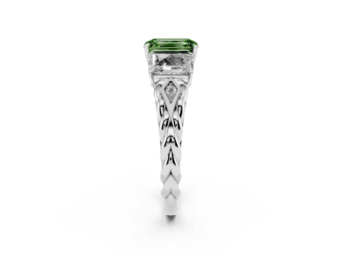 Fancy Green Three-Stone Emerald Cut Diamond Braided Band Ring with Four-Prong Setting Platinum
