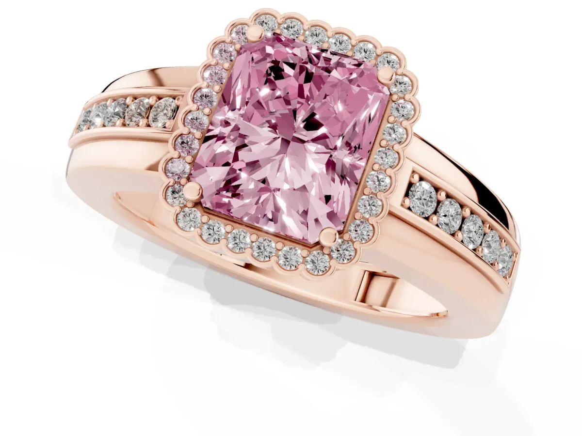 Fancy Pink Radiant Cut Cut Halo Pave Band Four-Prong Ring Rose gold