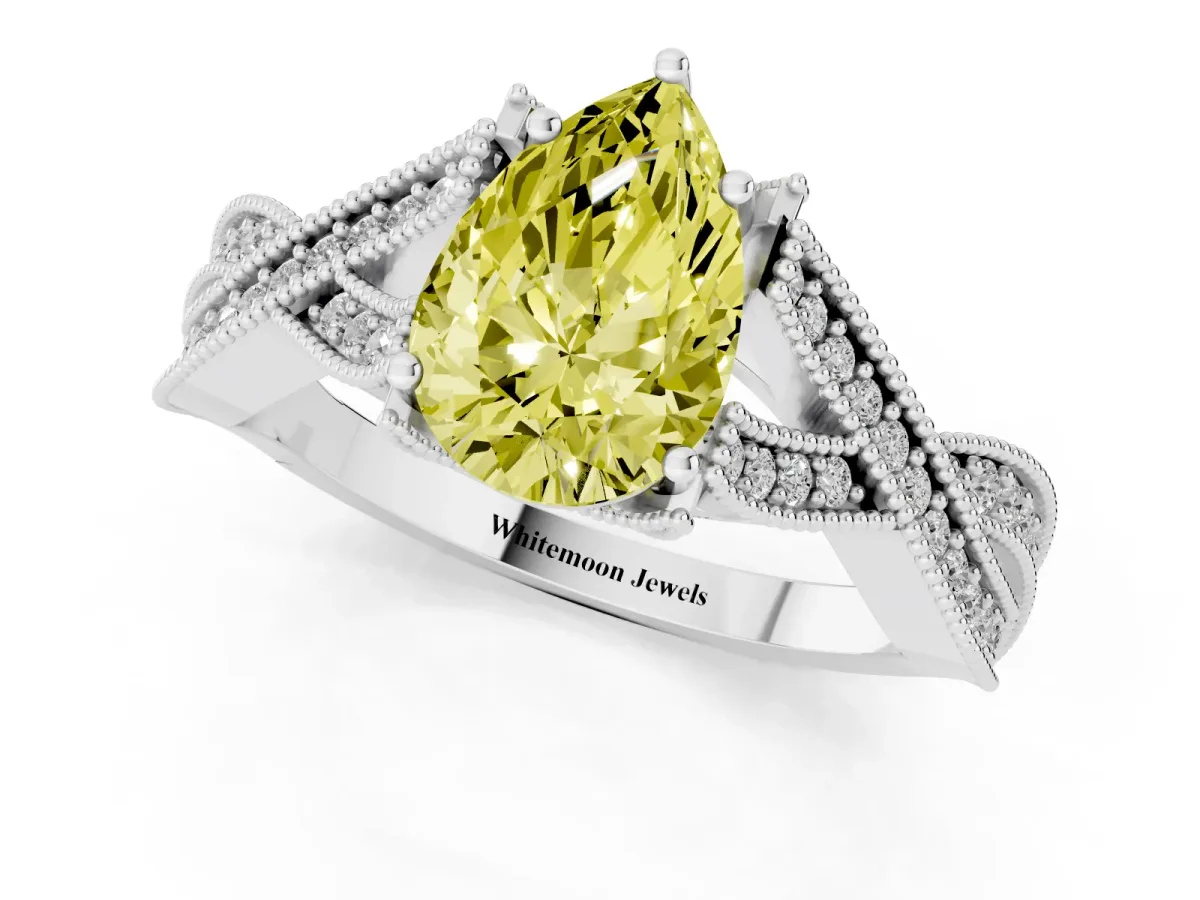 Fancy Yellow Pear Cut Cut Diamond Twisted Band with Milgrain Pave Setting and Four-Prong Setting Silver