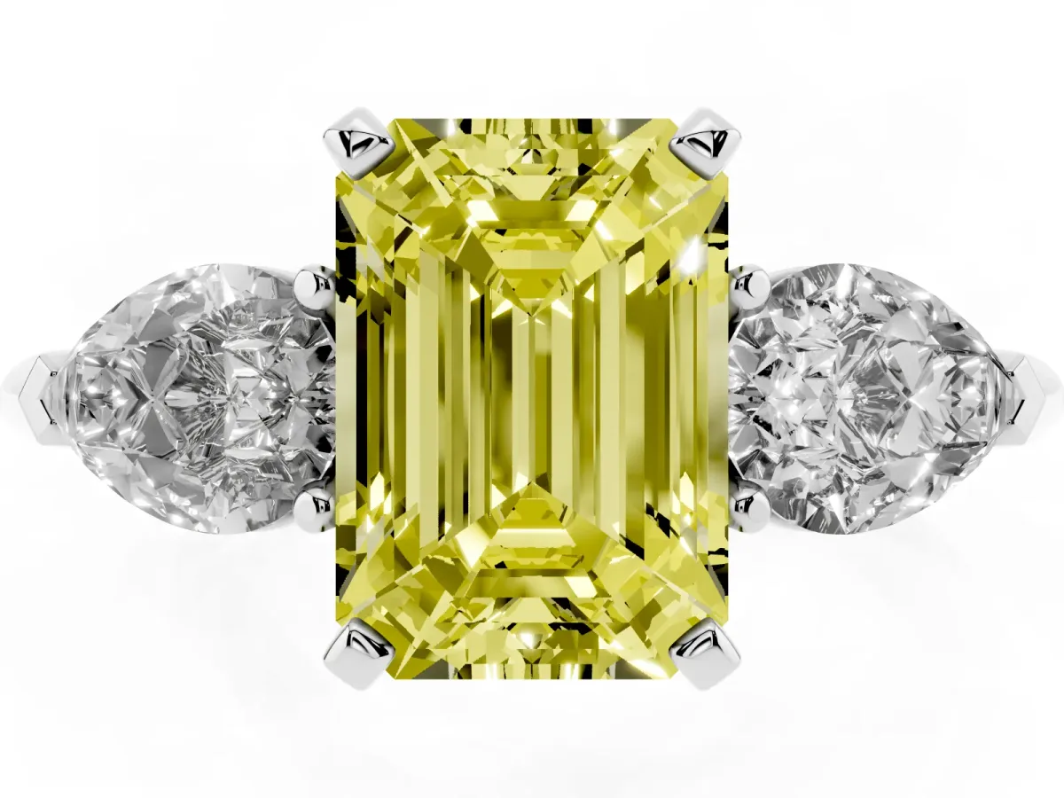Fancy Yellow Three-Stone Emerald Cut Diamond Ring with Pear Side Stones and Four-Prong Setting Silver