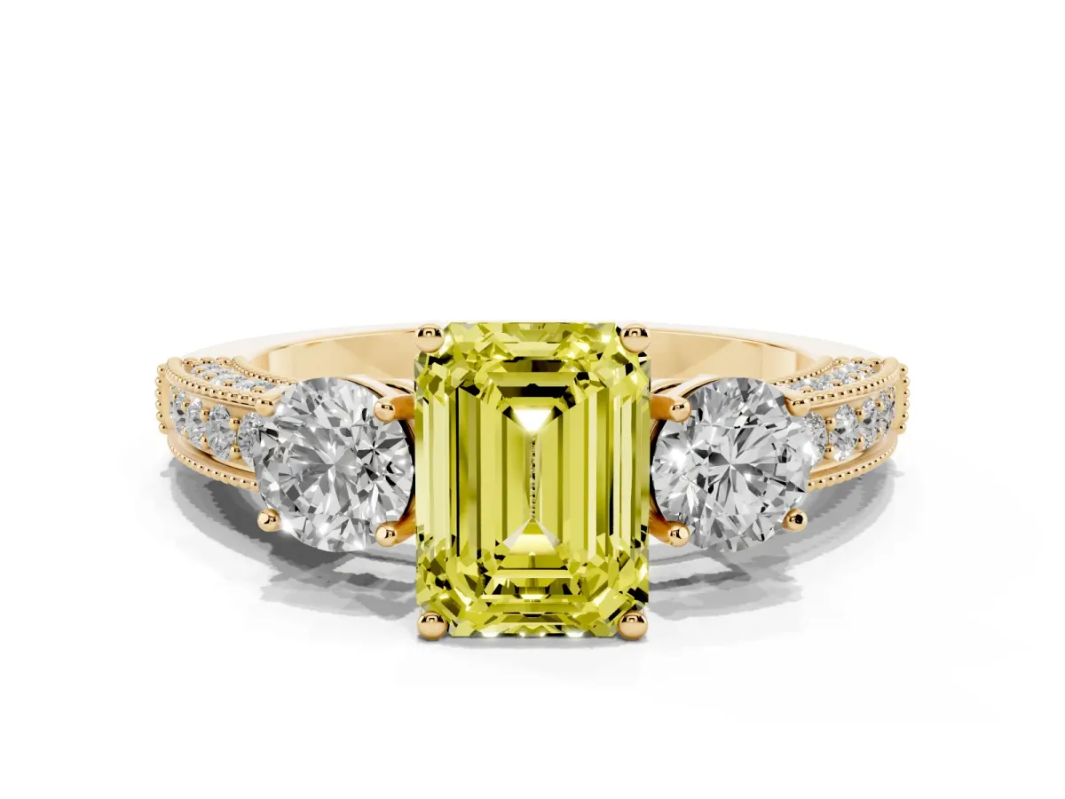 Fancy Yellow Emerald Cut Three-Stone Diamond Ring with Pavé Band and Four-Prong Setting Yellow gold