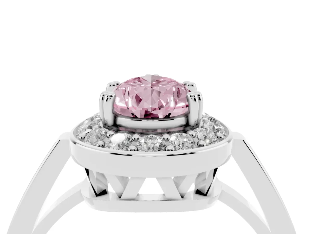 Fancy Pink Pear Cut Diamond Halo Ring with Split Shank and Four-Prong Setting Platinum