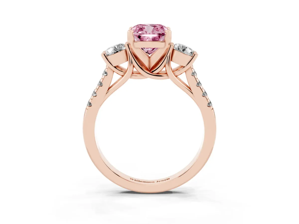 Fancy Pink Three-Stone Cushion Cut Diamond Pavé Band with Four-Prong Setting Rose gold