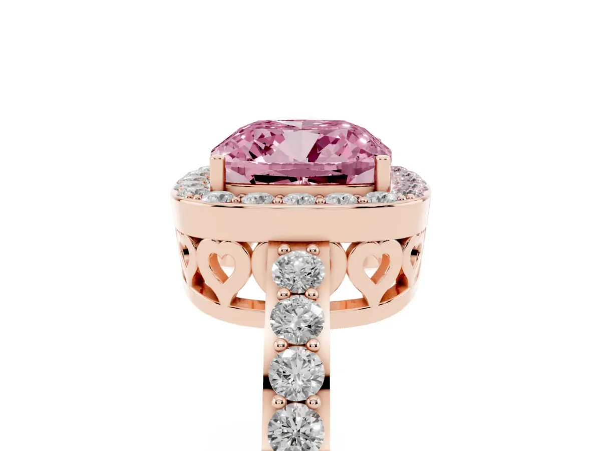 Fancy Pink Cushion Cut Halo Diamond Pavé Band Ring with Prong Setting Rose gold