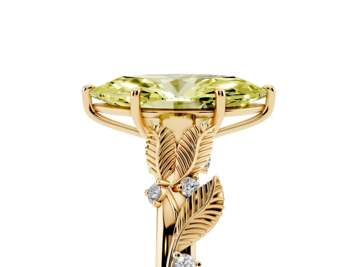 Fancy Yellow Marquise Cut Diamond Solitaire Ring with Leaf Motif Band and Four-Prong Setting Yellow gold