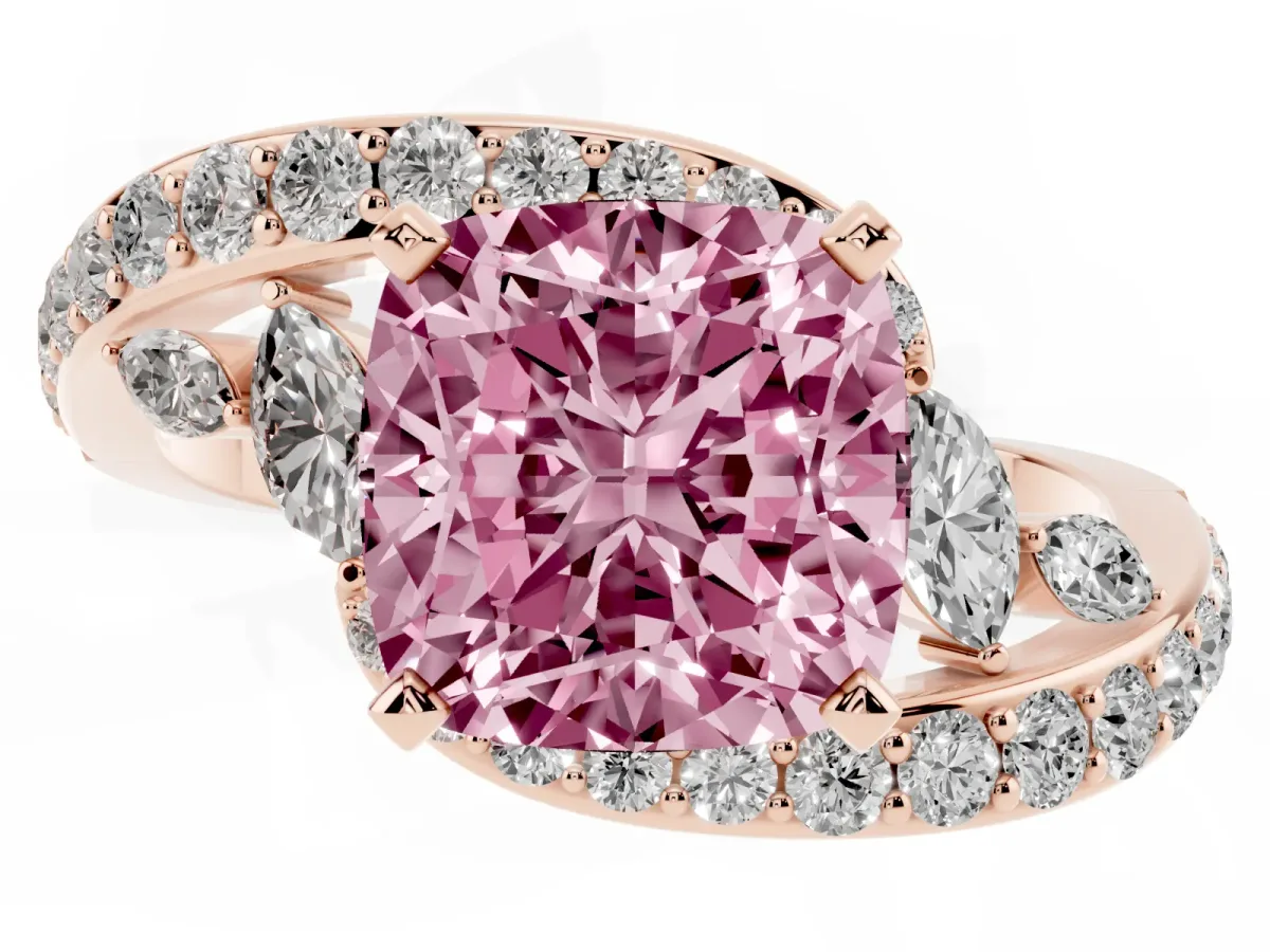 Fancy Pink Cushion Cut Diamond Solitaire Ring with Filigree Band and Four-Prong Setting Rose gold