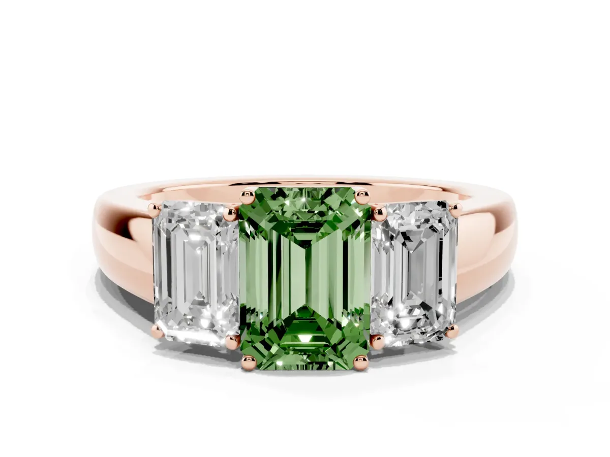 Fancy Green Three-Stone Emerald Cut Cut Diamond Ring with Prong Setting and Classic Band Rose gold