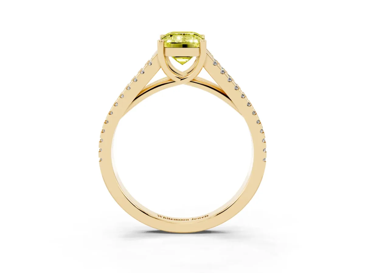 Fancy Yellow Emerald Cut Diamond Solitaire Engagement Ring with Split Shank Pavé Band Yellow gold